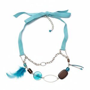 CREATION  💙 Short necklace double layers with ribbon attach Aqua brown
